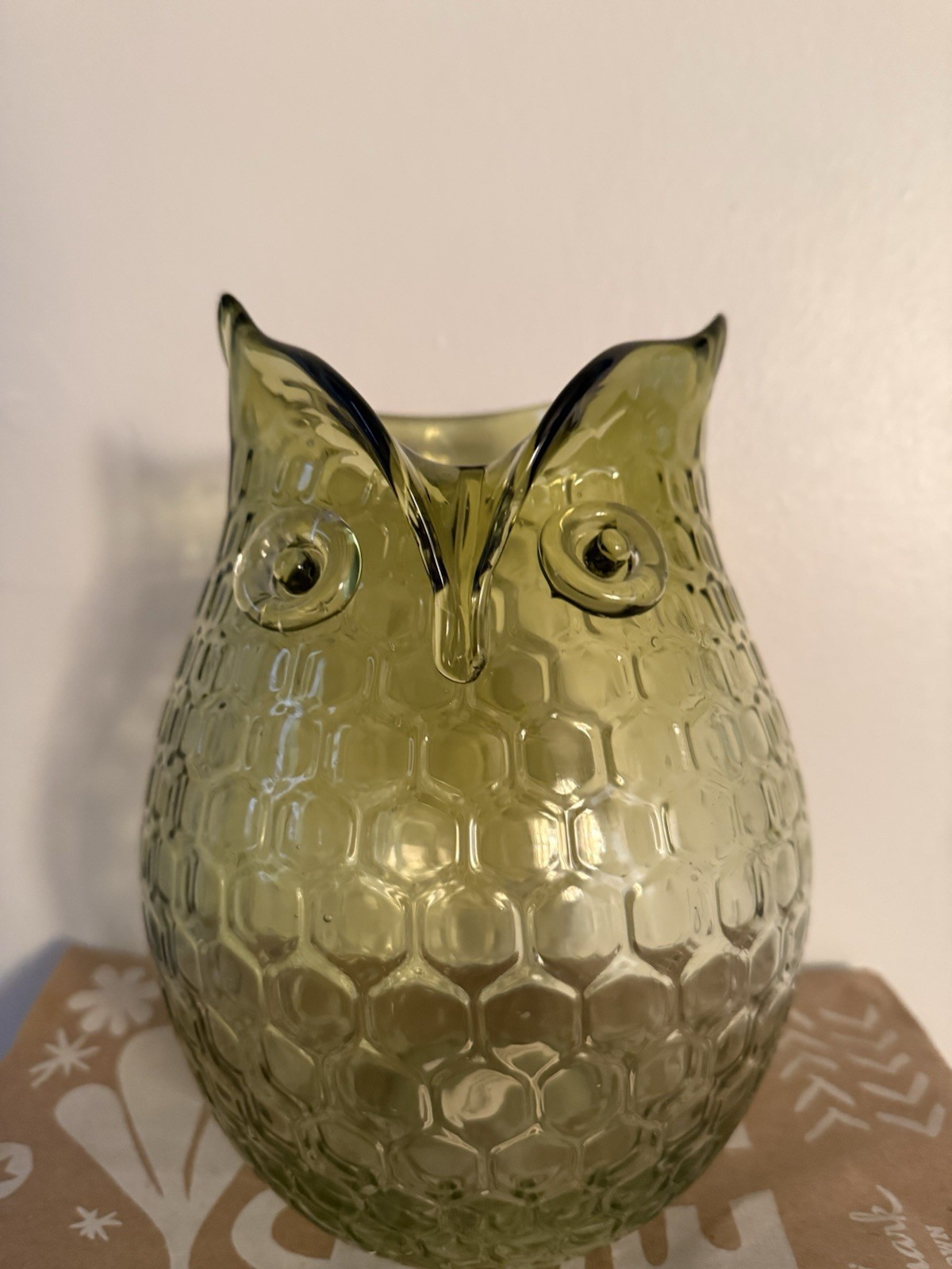 Green Textured Glass Owl Vase Honeycomb Pattern Glossy Decorative
