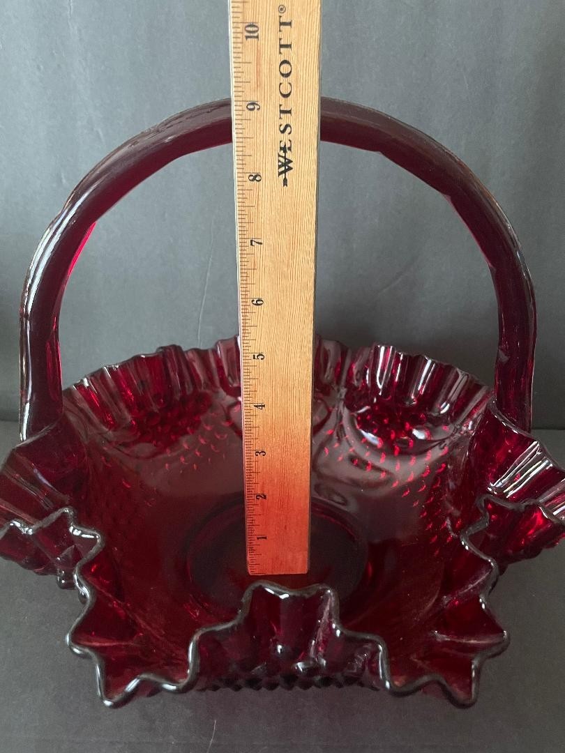 Vintage MCM Fenton Ruby Red Ruffled Hobnail glass basket