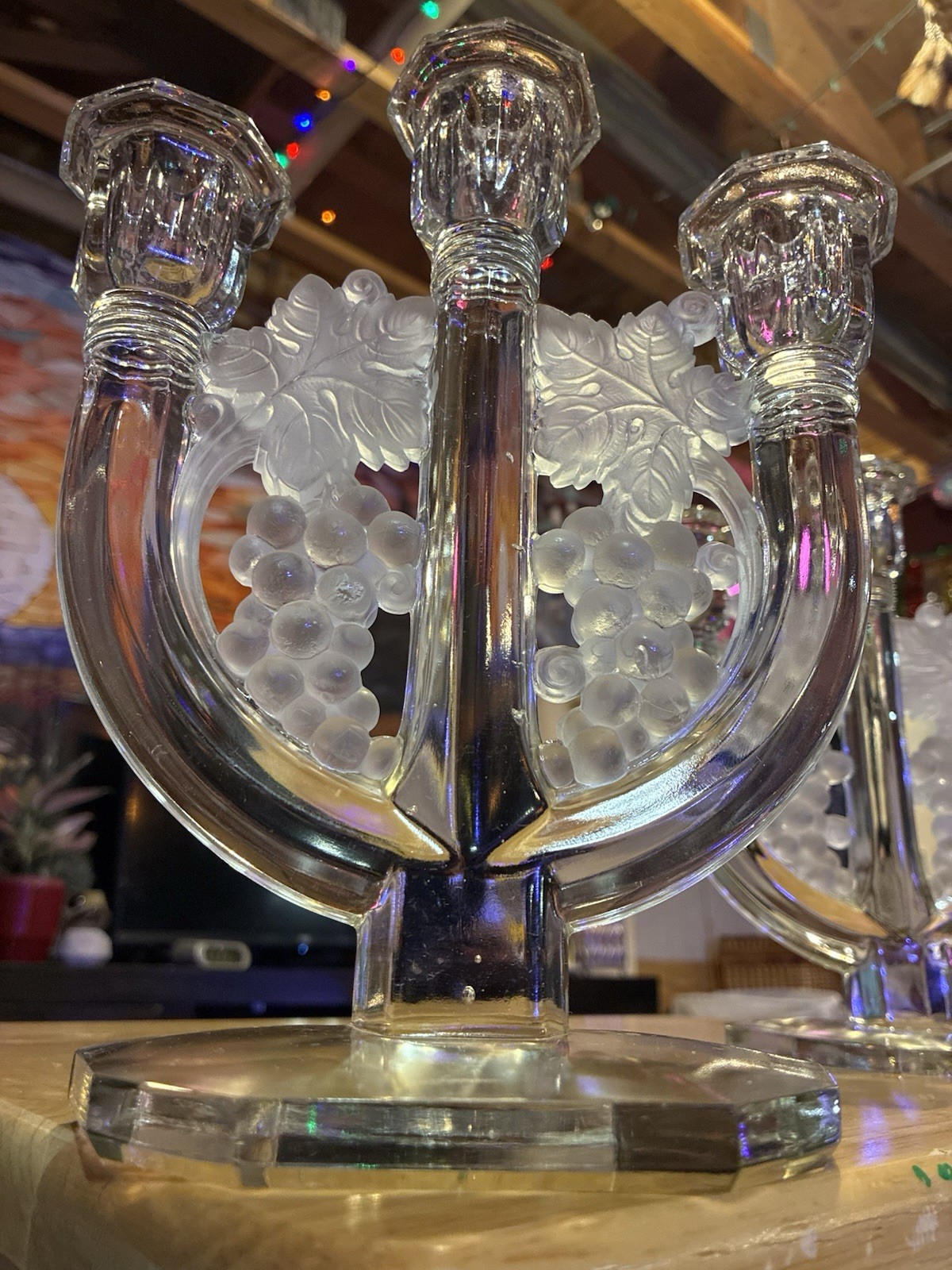 Vintage Joseph Inwald Barolac Czech Art Glass Grape Design Candlesticks