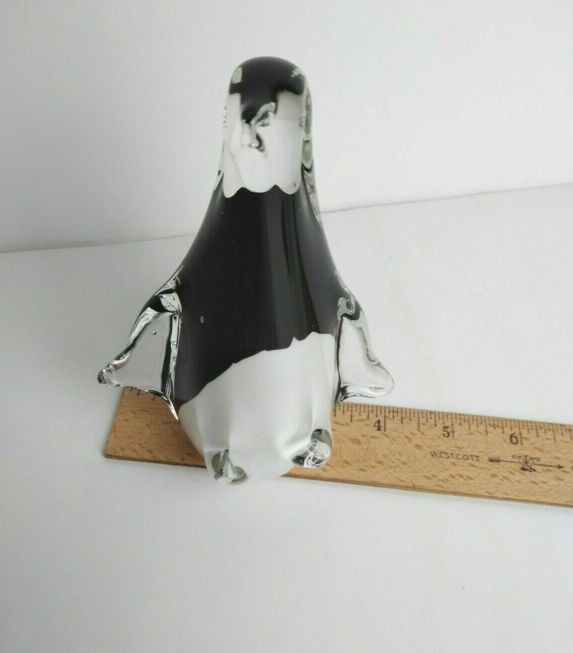Vintage Murano Glass PENGUIN Black White & Clear Glass 5.5″ Tall 4″ wide