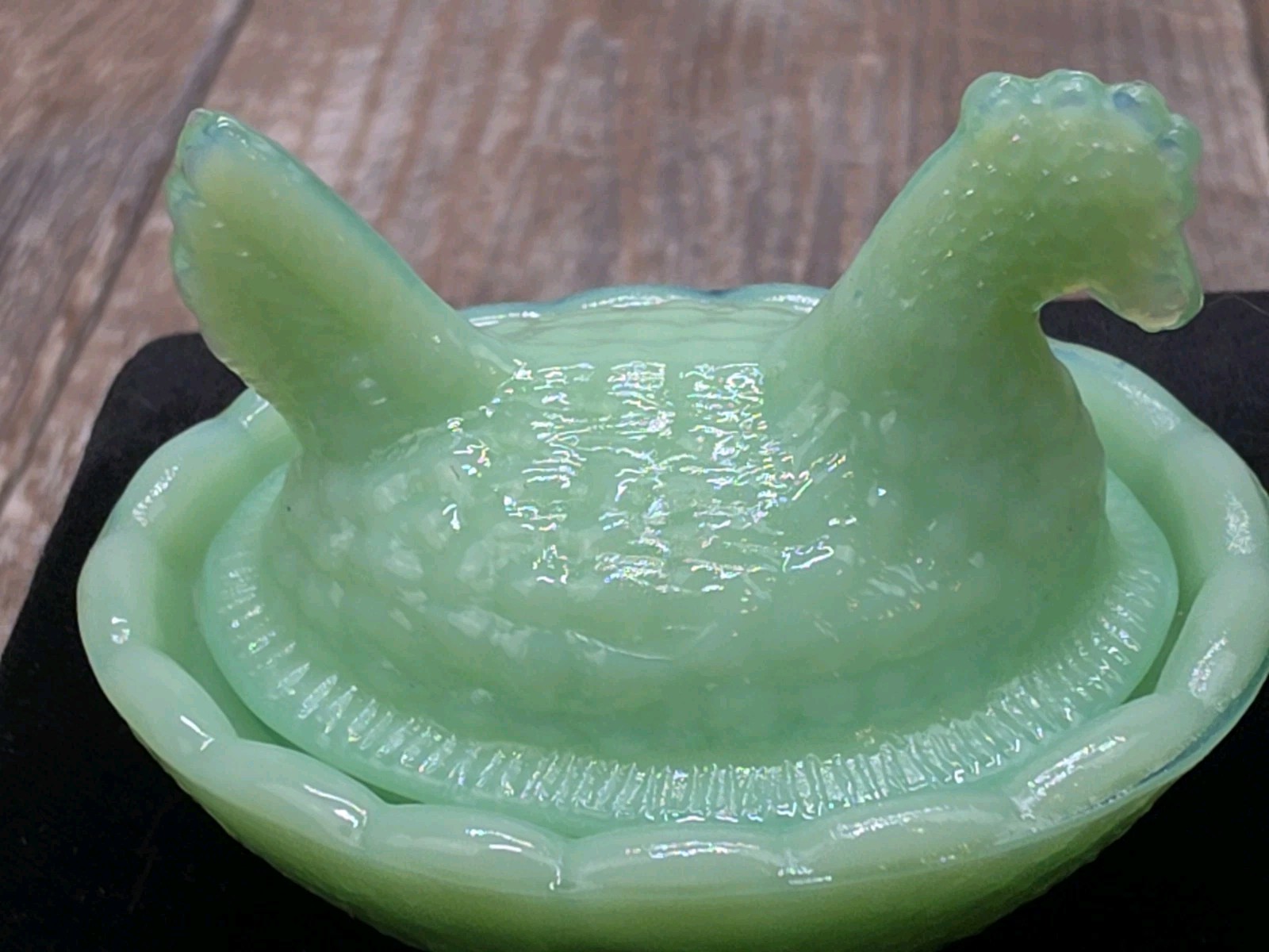 Small Jadeite Hen On Nest 2.5″ Salt Cellar Trinket Dish Jade Glass