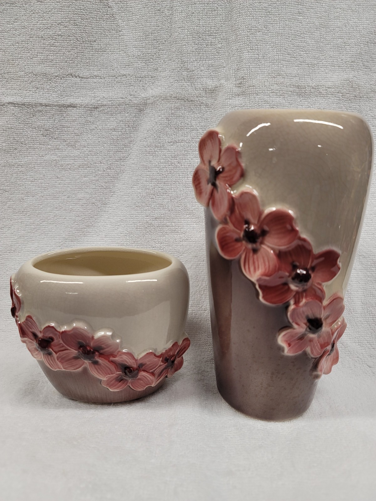 8 1/4″ & 4 1/2″ DOGWOOD VASE & OVAL PLANTER BY ROYAL COPLEY, ROYAL WINDSOR