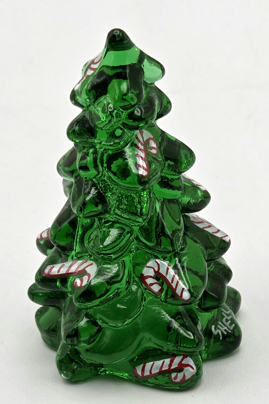 Mosser Glass Emerald Green Tree 2″ Hand Blown & Painted Candy Canes Red/White