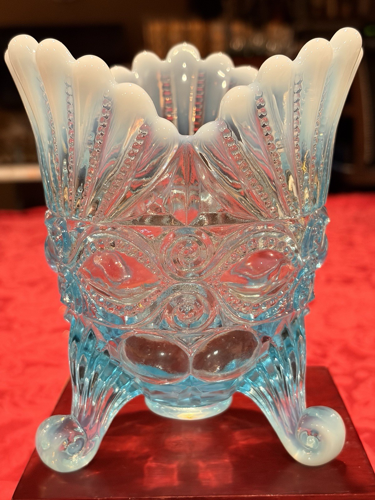 Vintage Mosser Blue Opalescent Eyewinker Spooner Glass Vase Ex Con Signed 6”