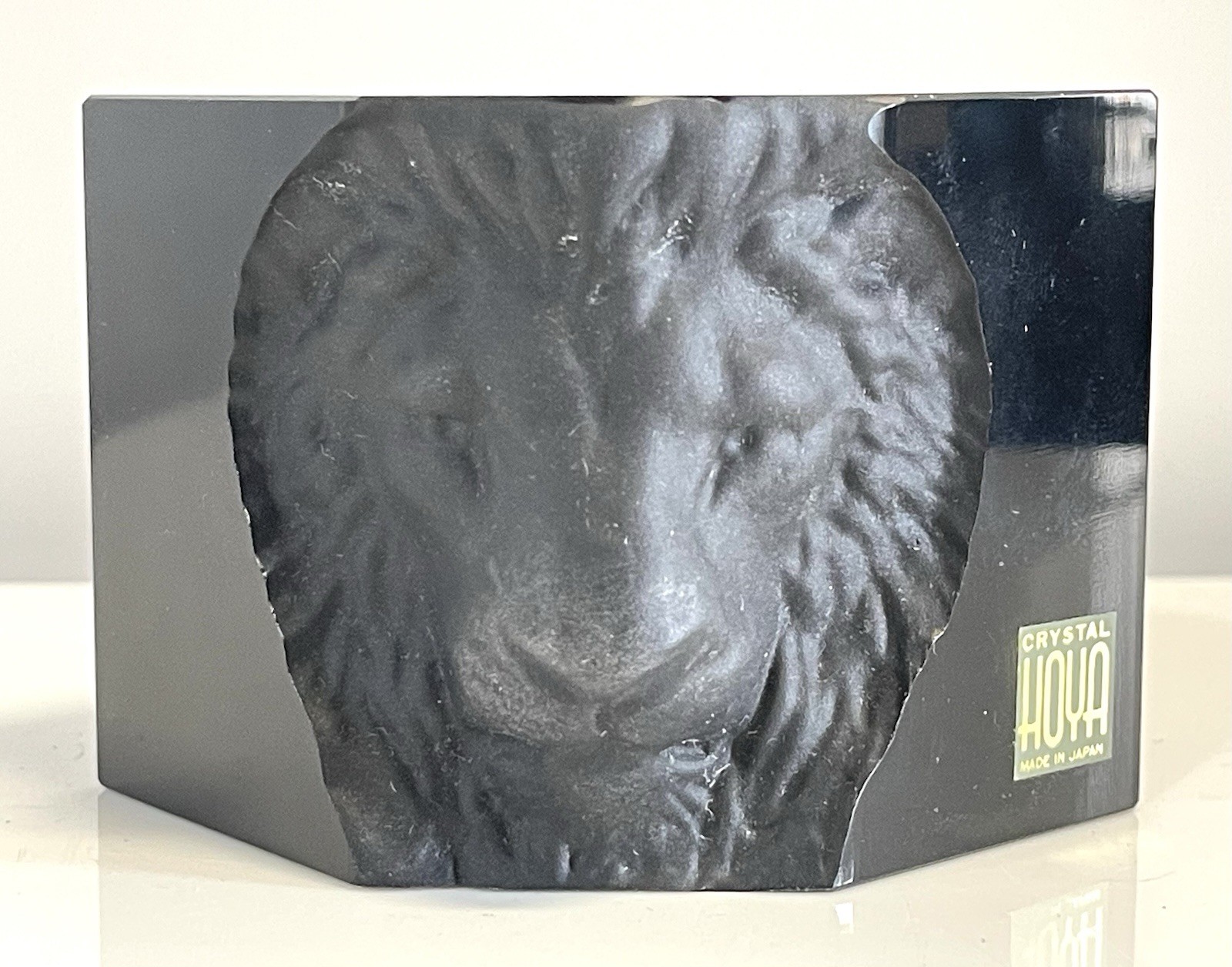 HOYA Japan Black Crystal Art Glass Lion Head Sculpture Paperweight NOS In Box