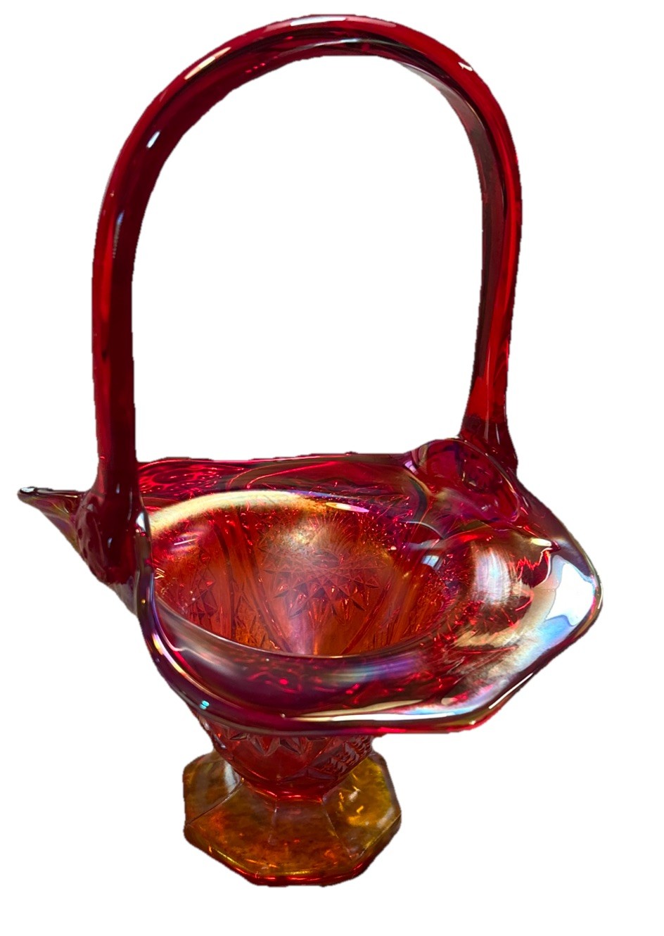 Vintage Fenton Red Orange Carnival Glass Basket Iridescent Beautiful Collectible