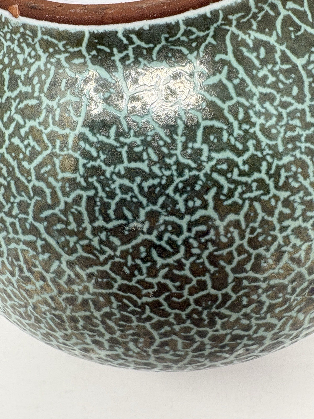 Carstens Tonnieshof Pottery Ball Vase Turquoise Crackle Gold Rim 3.5″ 50’s 60’s