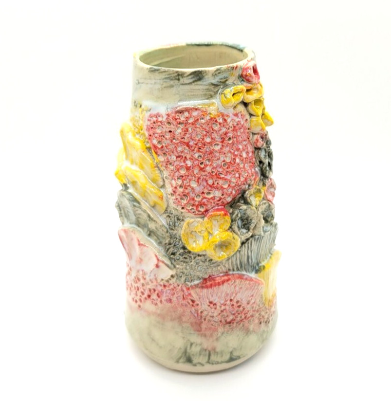 Studio Art Abstract Modern Pottery Vase Beach Ocean Coral Shells Vibrant Colors