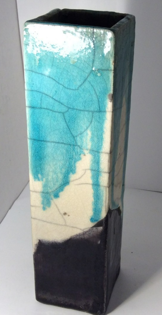 RAKU Fired Square Bud Vase Teal Drip