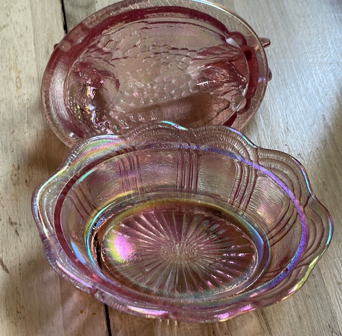 Vintage 1970 Fenton Pink Carnival Glass Hen on Nest 5.5 Covered Dish Iridescent