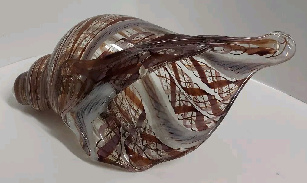 Multicolor White Pink Rose/Maroon Clear Glass Hand Blown Seashell Signed C. FUNK