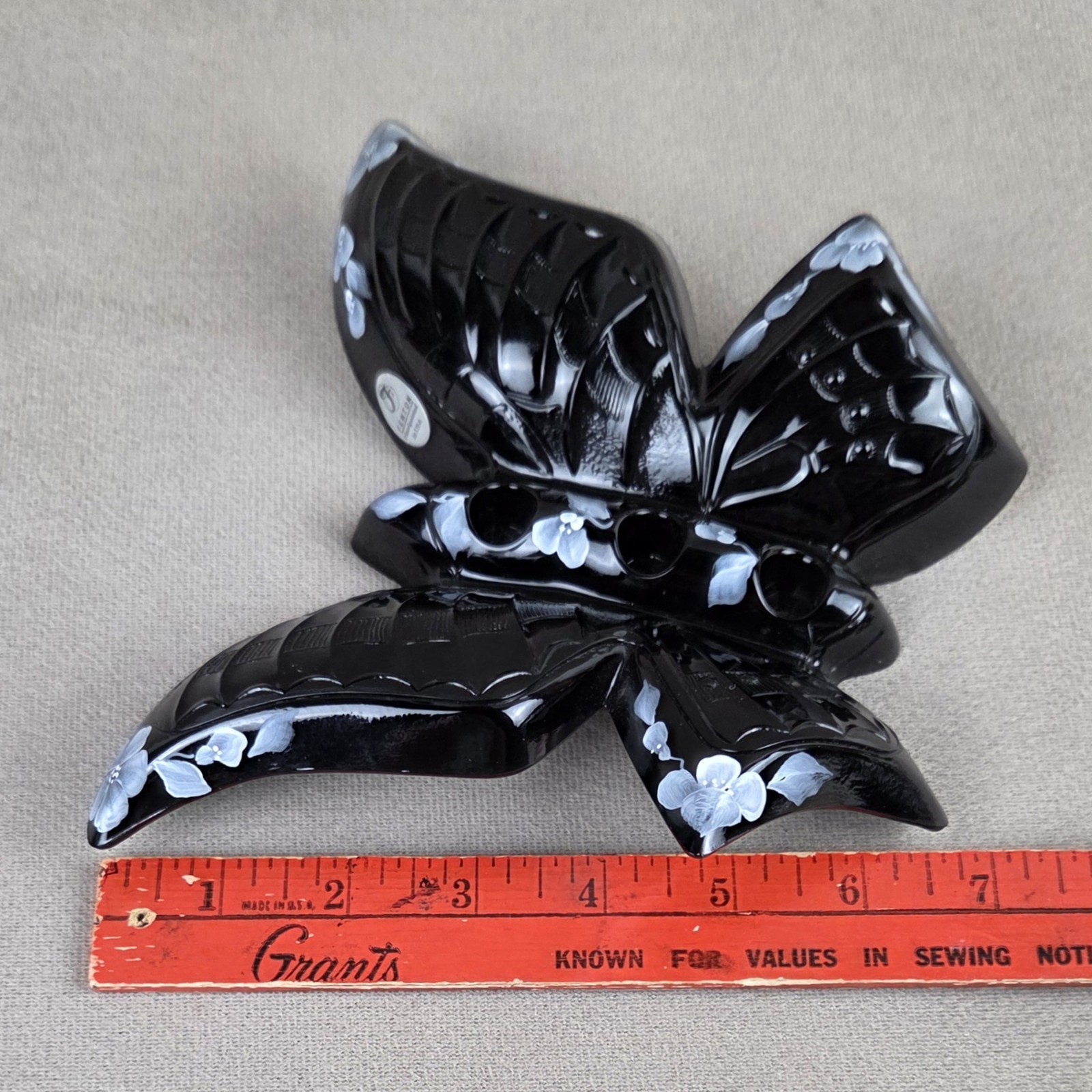 VTG Fenton Black Glass Butterfly Hand Painted White Flowers Candle Holder Read