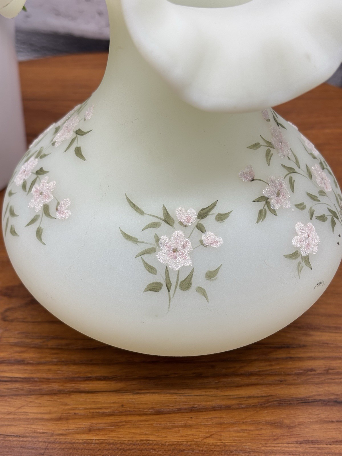 Fenton Handpainted Artist Signed Custard Glass Ruffled Floral Vase READ