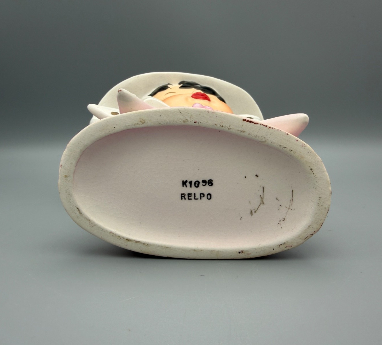 VINTAGE 1950s Relpo Pink & White Little Miss Head Vase w/ Flowers K1096