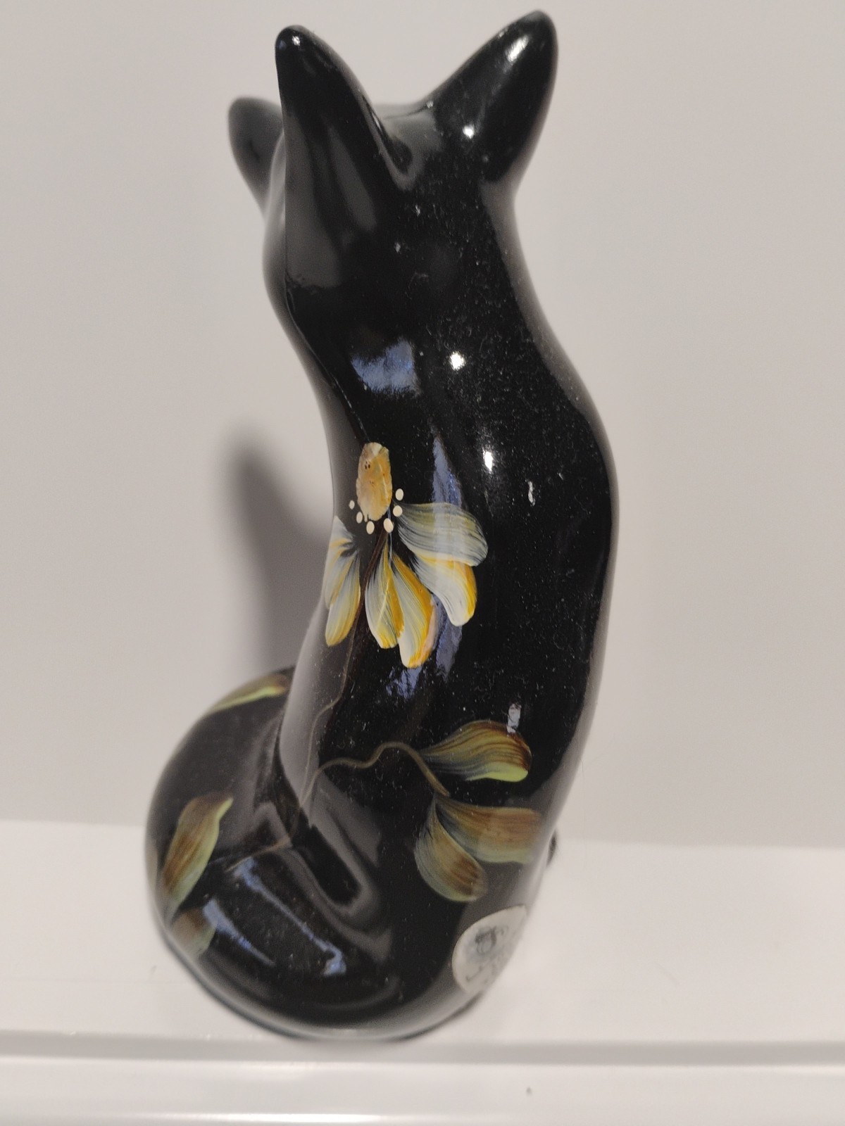 FENTON BLACK FOX ART GLASS FIGURINE HAND PAINTED SIGNED J POWELL 4.75″H