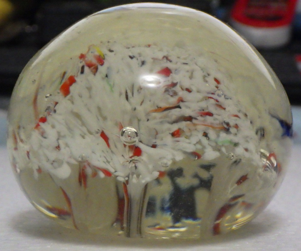 1 7/8 tall X 2 3/8 wide 7.9oz blown glass paperweight bubbles confetti trees MCM