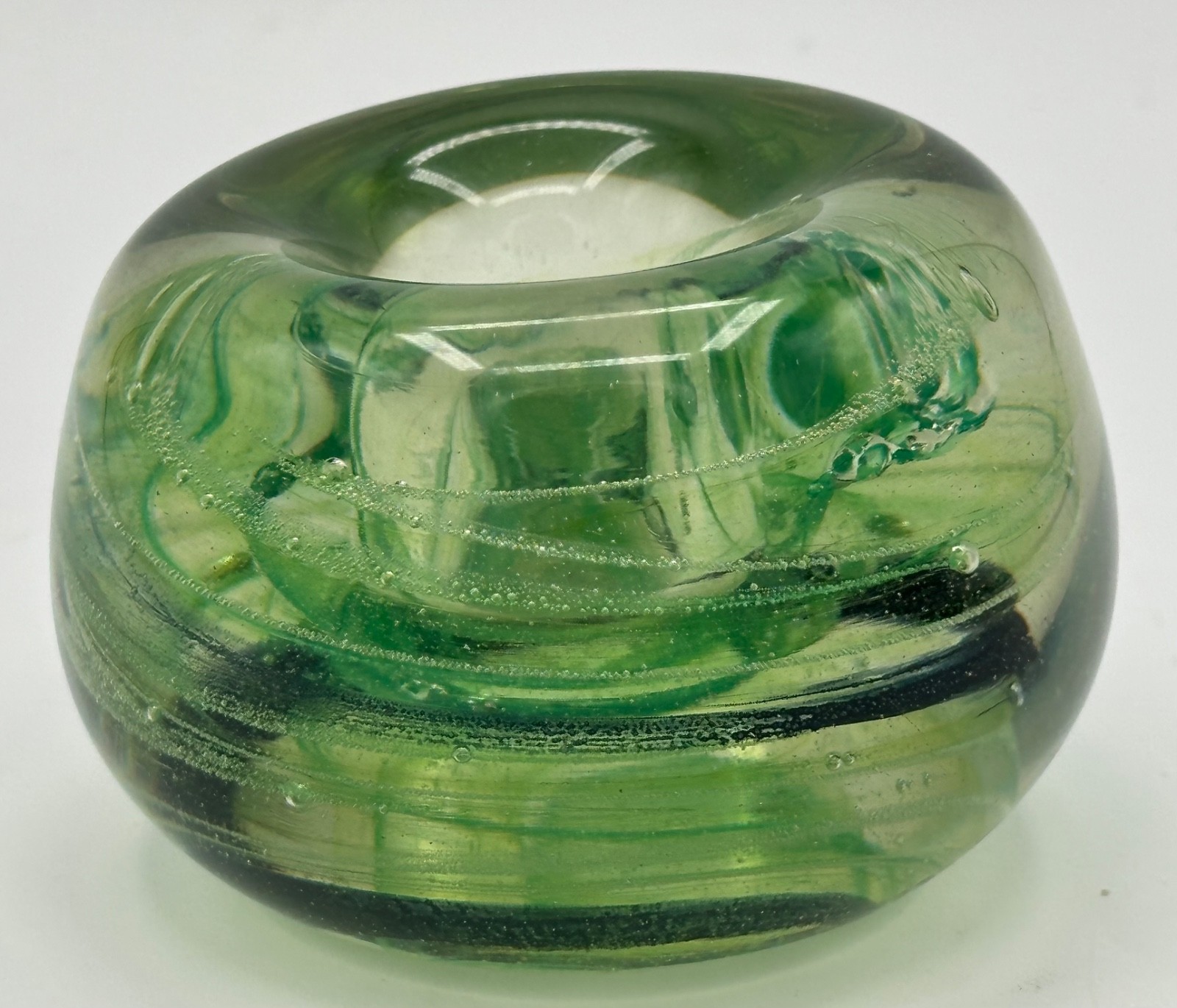 EXQUISITE HAND BLOWN GREEN SWIRL VOTIVE CANDLE HOLDER 2” TALL VERY HEAVY 1.2 LBS