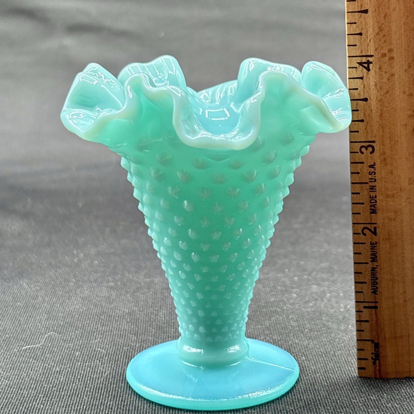 Fenton Hobnail Turquoise Milk Glass Ruffle Edge Trumpet Vase 4″ H Vintage EUC