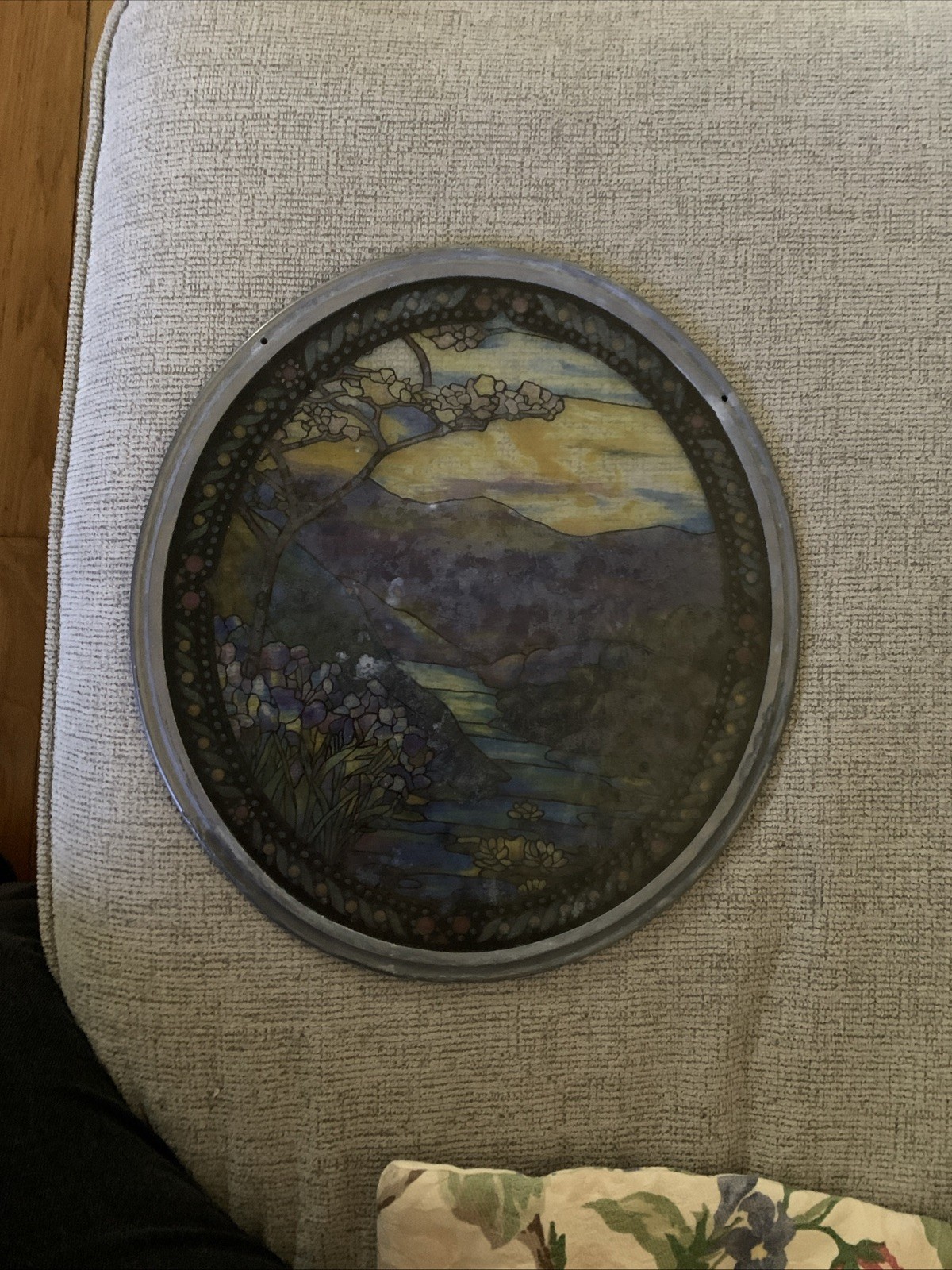 Vintage Stained Glass Landscape Lilies Louis C. Tiffany Oval Shape Glassmasters