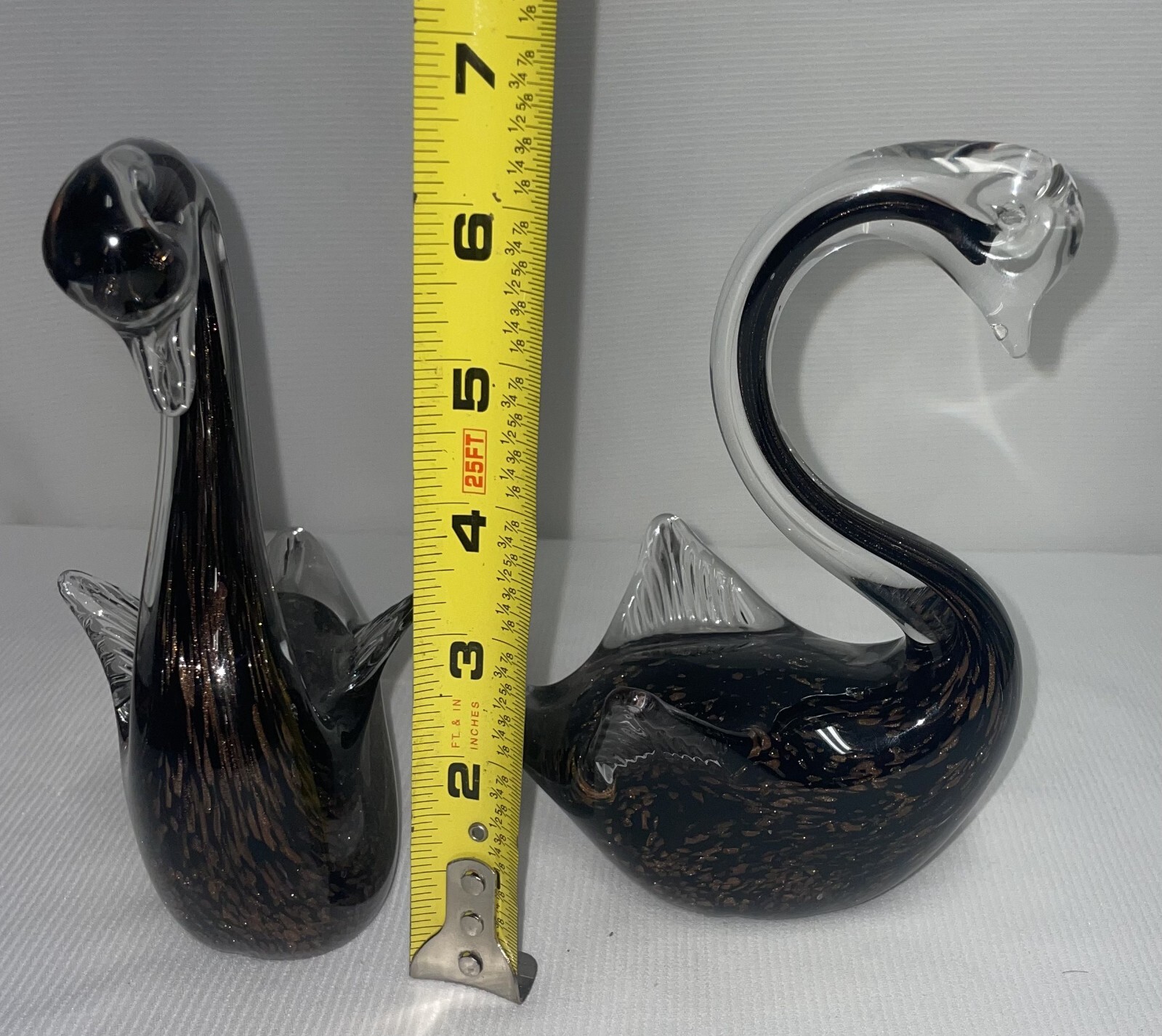 Set Of 2 Glass Swans Clear To Black W/ Gold Specks 6 1/2 Inches High