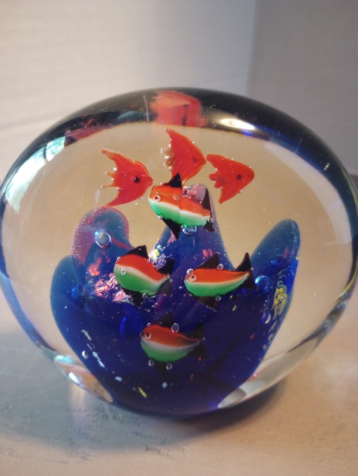 Vintage Glass Art Paperweight Fish Seascape Murano Style Aquarium Cobalt