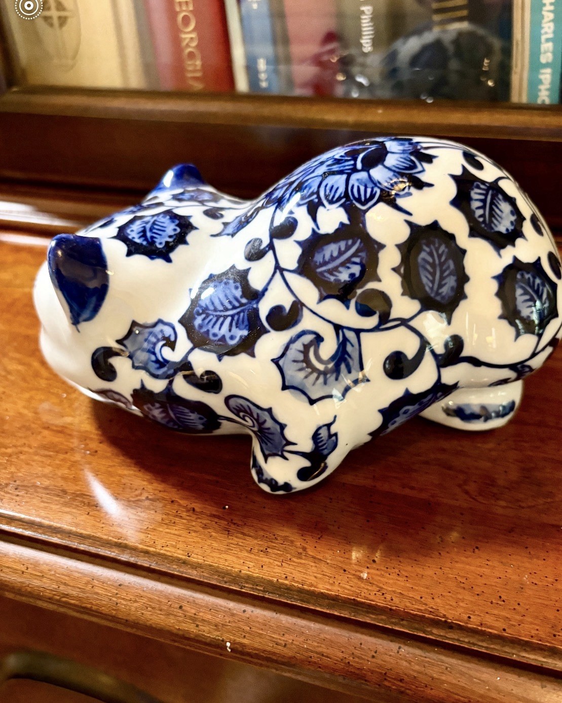 Ceramic Cat Figurine Blue White Floral Pottery Glossy Decorative Collectible