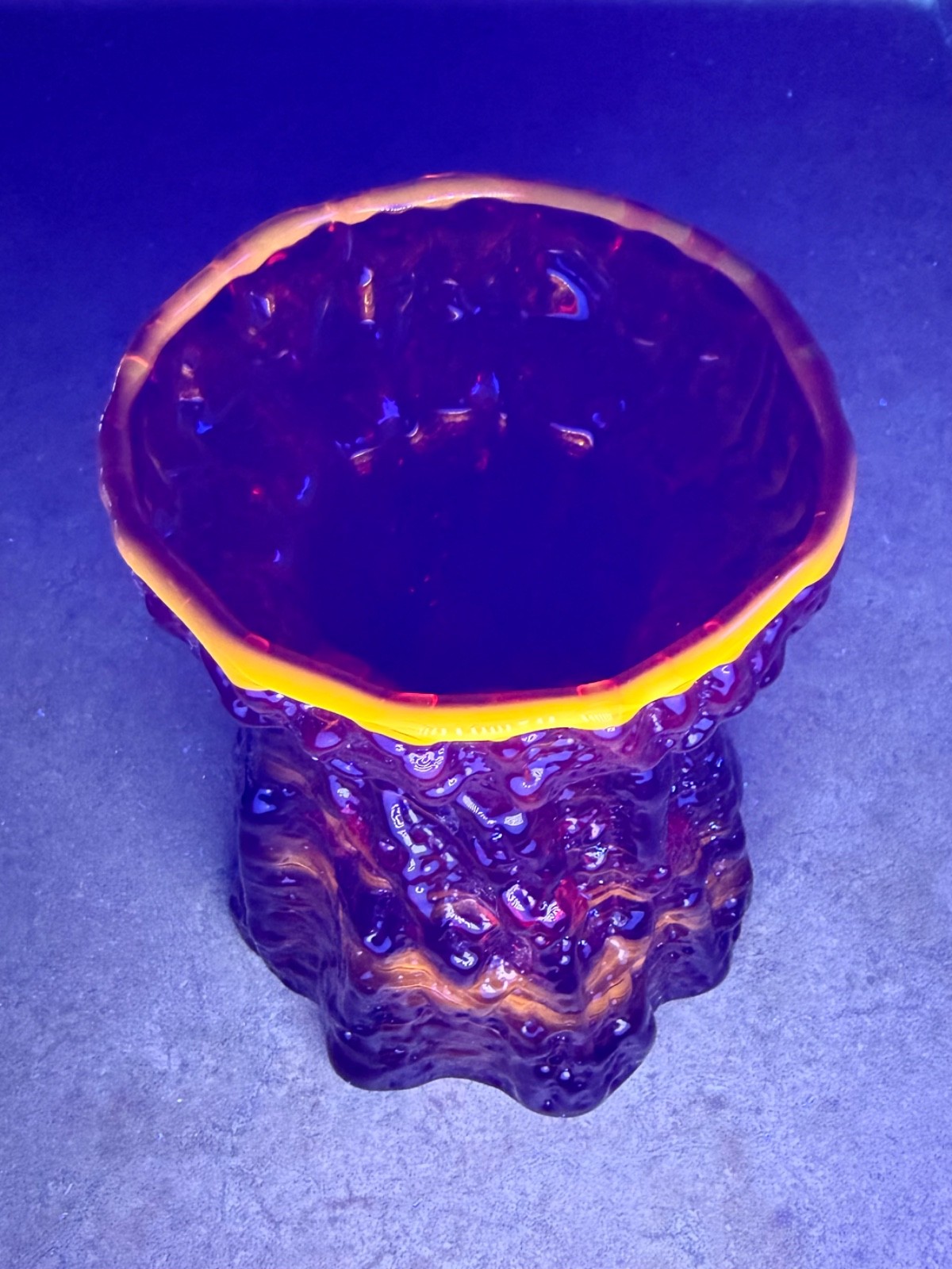 4.625″ Ruby Red Viking Glass Pillar Candle Holder #7351 Tree Trunk Bark Texture