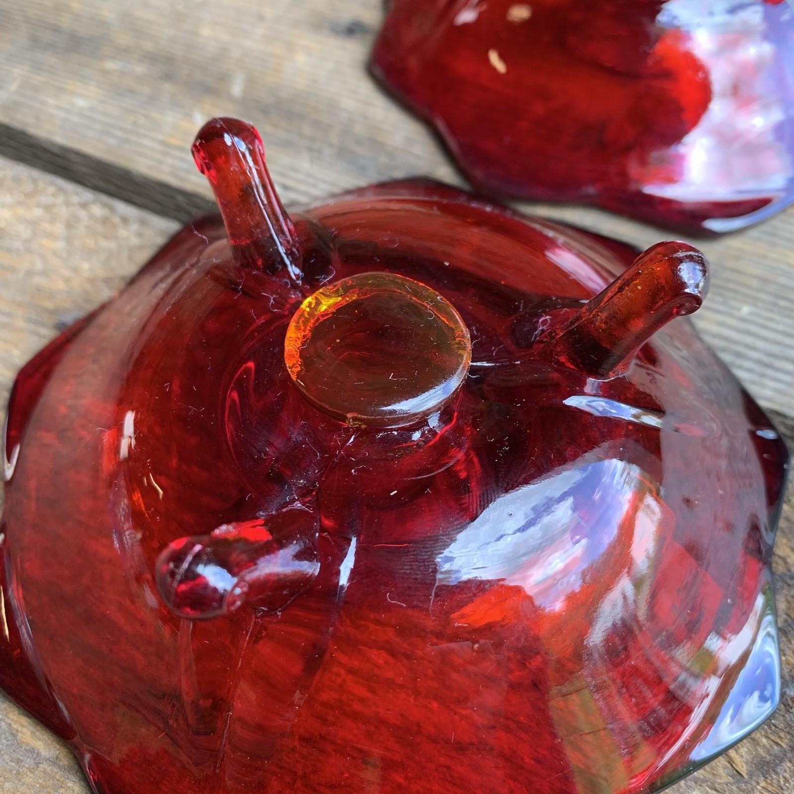 Candlestick Holders 2 Red Amberina Lotus by Fenton Glows Under Blacklight