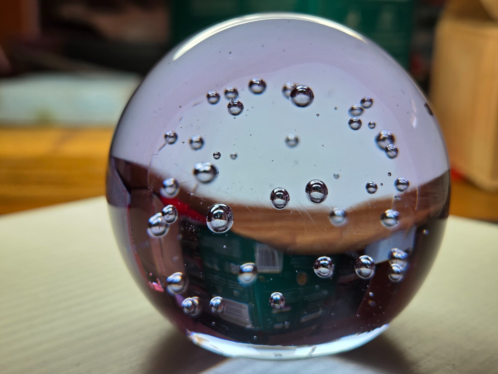 VTG 2.5in Handblown Art Glass Orb Paperweight LAVENDR Bubble Burst Tempe AZ -USA