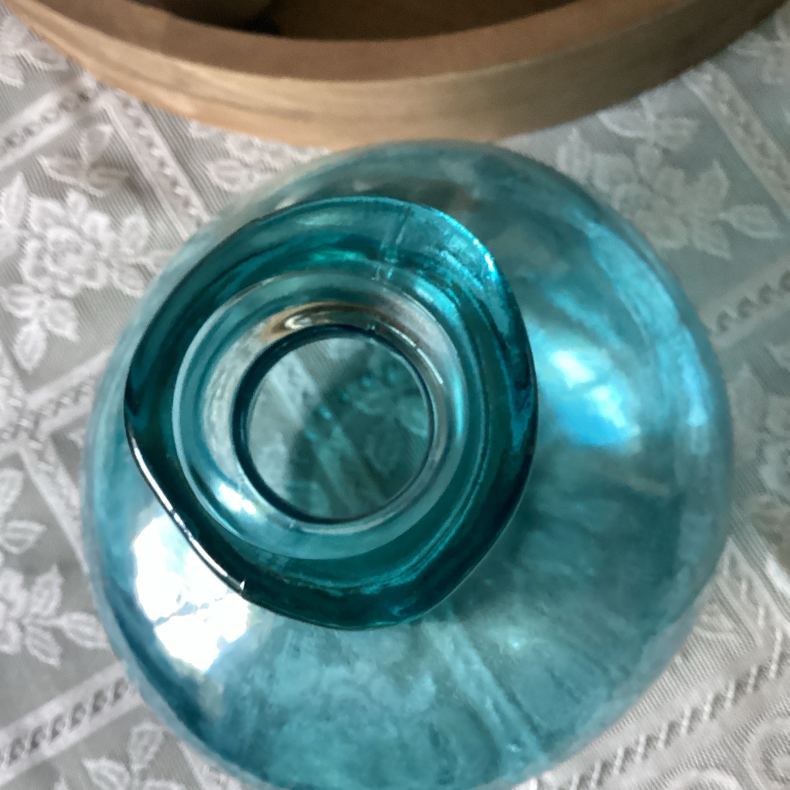 Vintage Vase Teal Blue Bubble Recycled Glass MCM Off Center Lip