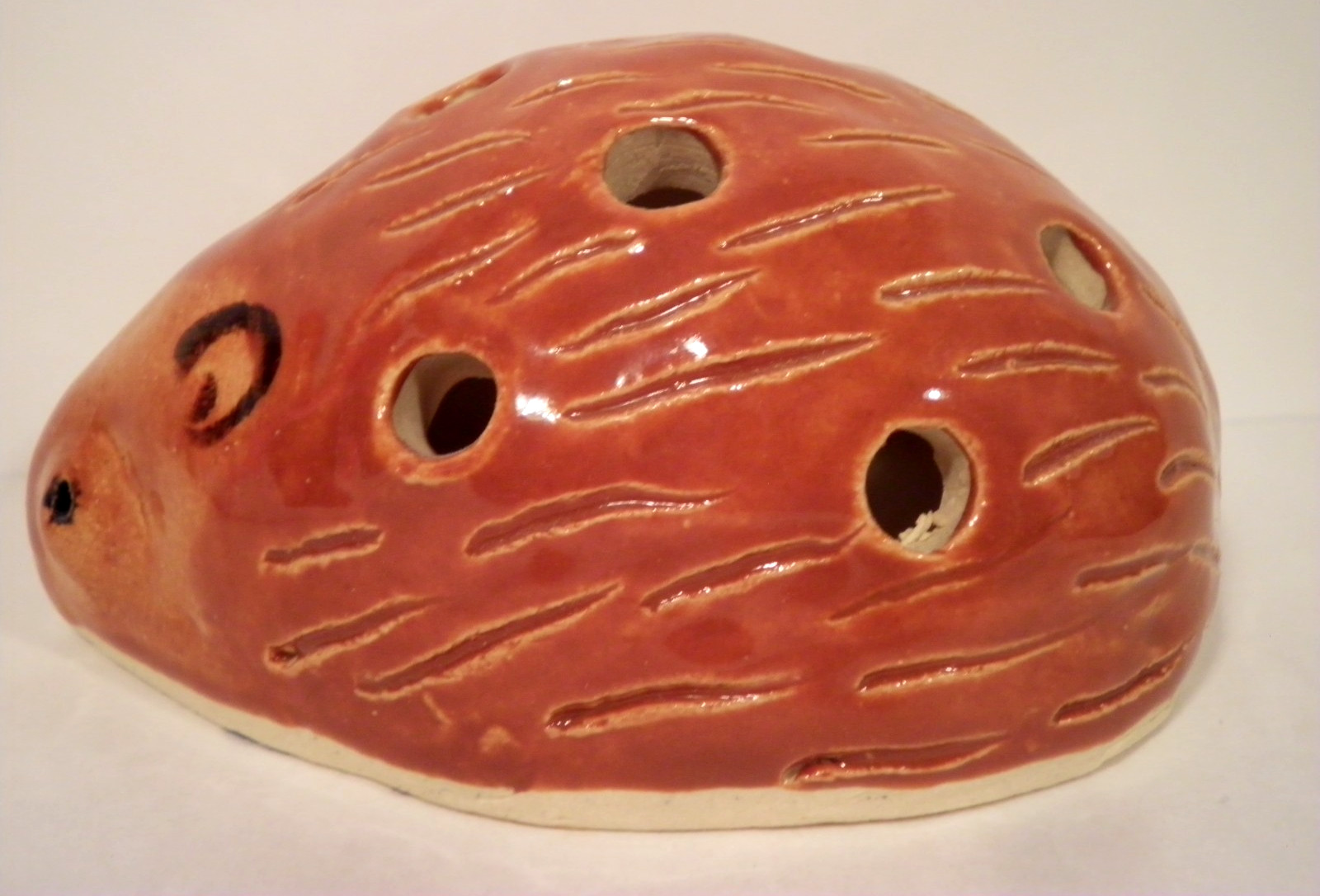 Handcrafted Pottery Hedgehog Flower Frog Porcupine Heavy Brown 10 Hole Signed HR