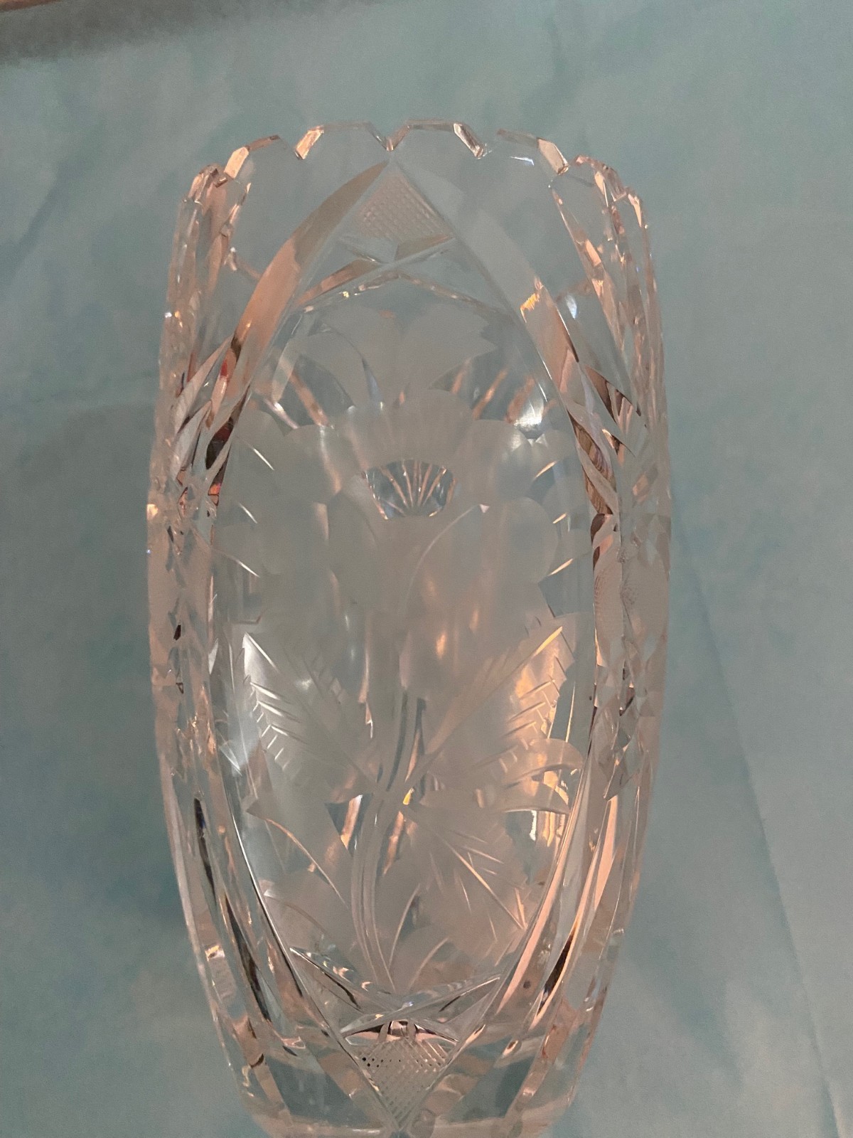 Heavy Clear-Cut Crystal 6″ Vase Etched Flowers and Notched Rim