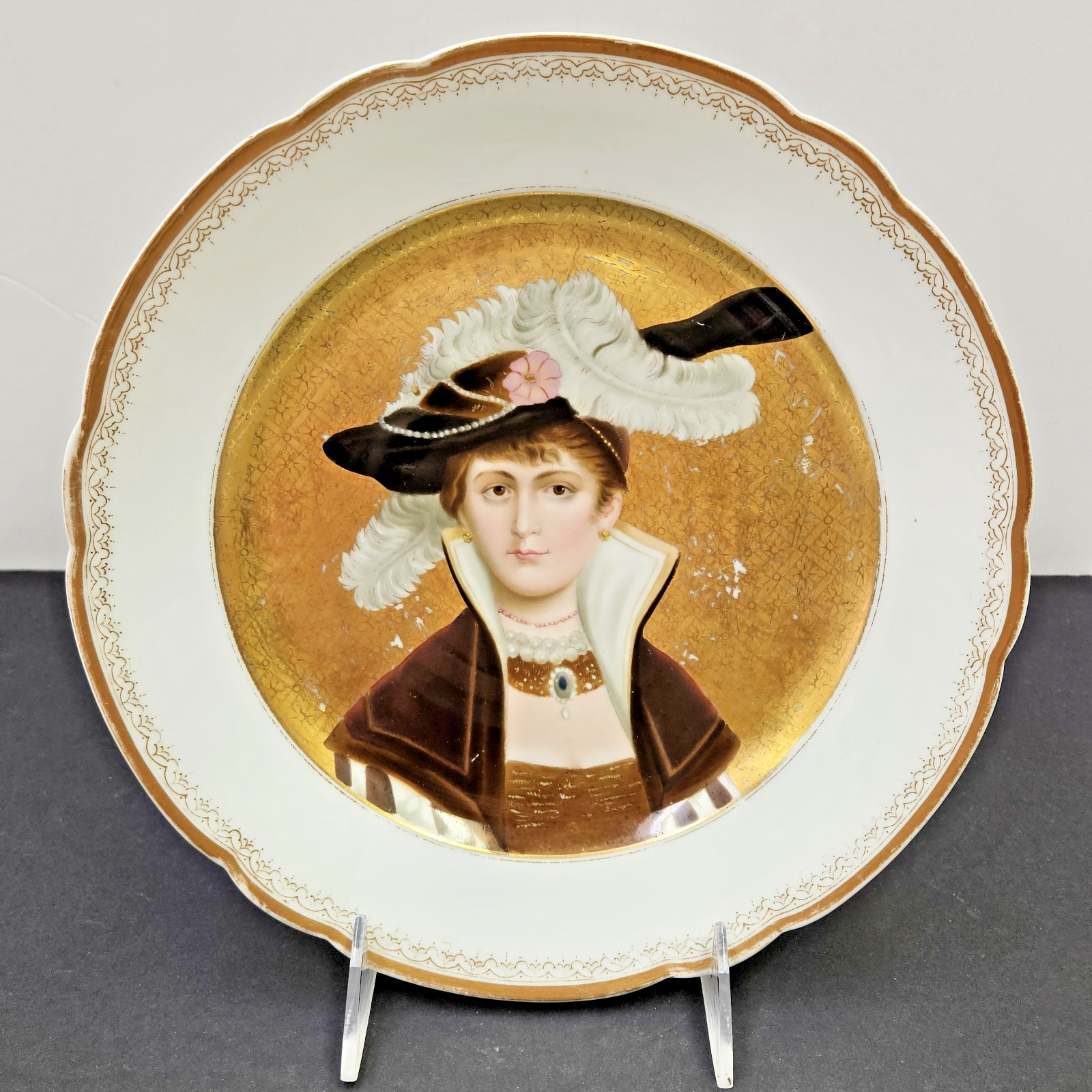 Antique Hand Painted Portrait Porcelain Plate Renaissance Baroque Lady Woman