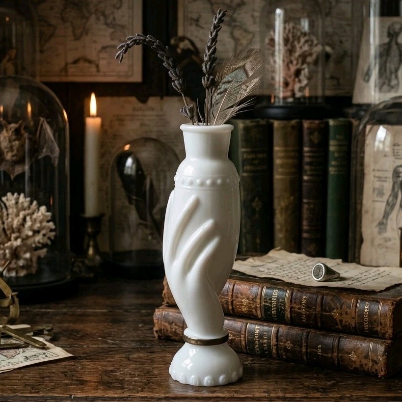 Victorian Style Milk Glass Hand Vase Dark Academia Decor Surrealist Gothic 6″