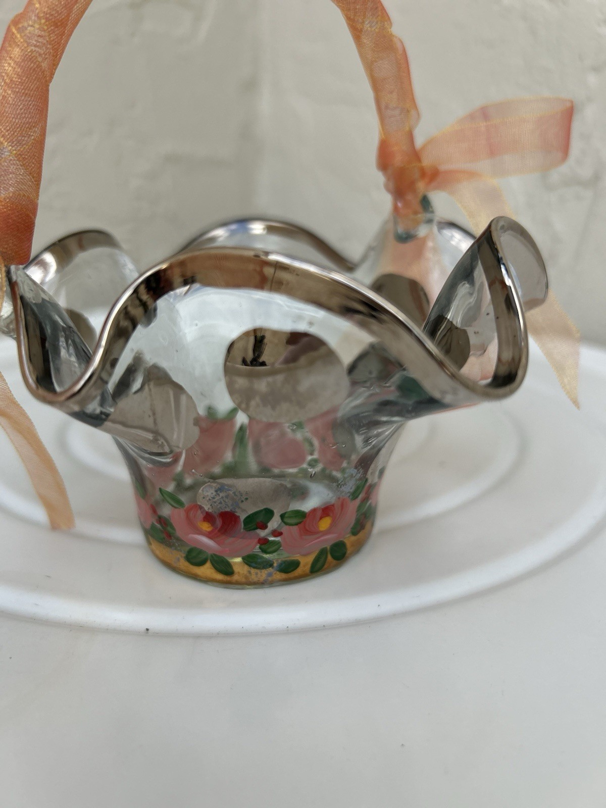 MacKenzie-Childs Circus Collection hand-painted glass basket with a ruffled rim