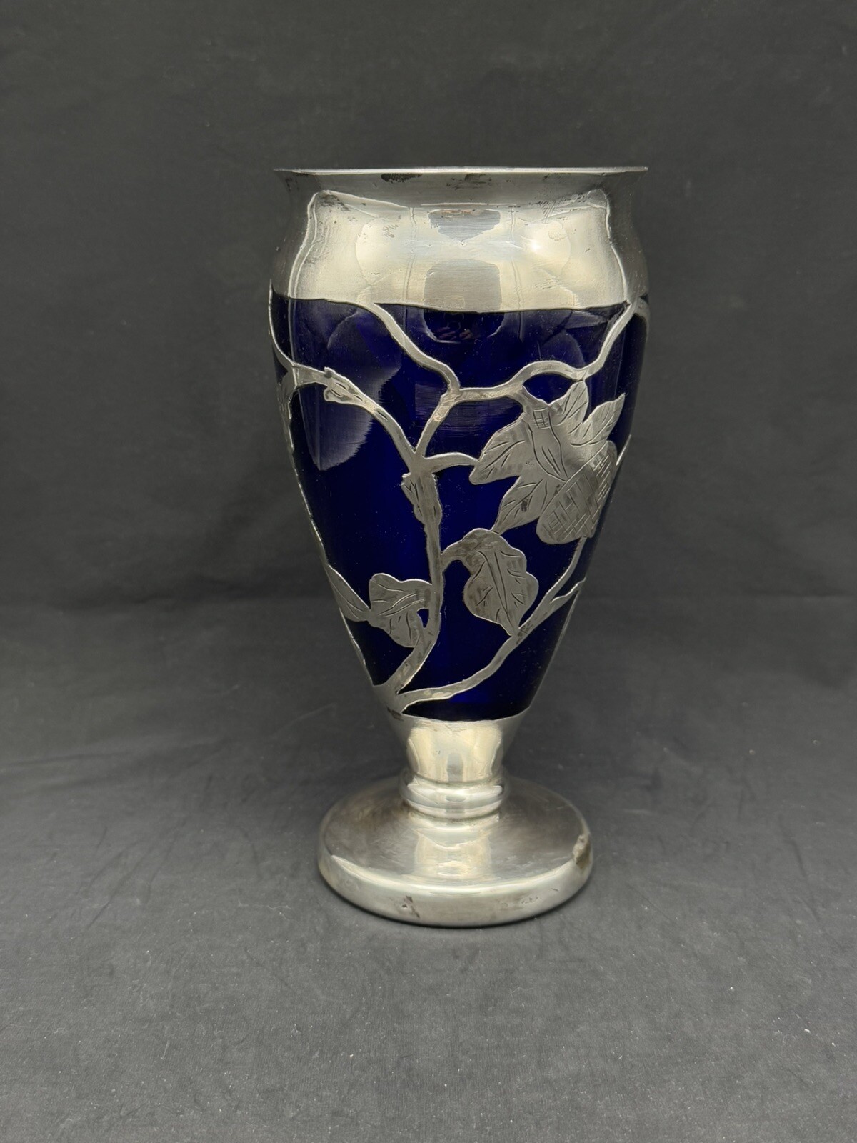 Antique Cobalt Blue Vase with Sterling Silver Overlay, 7 7/8″ tall
