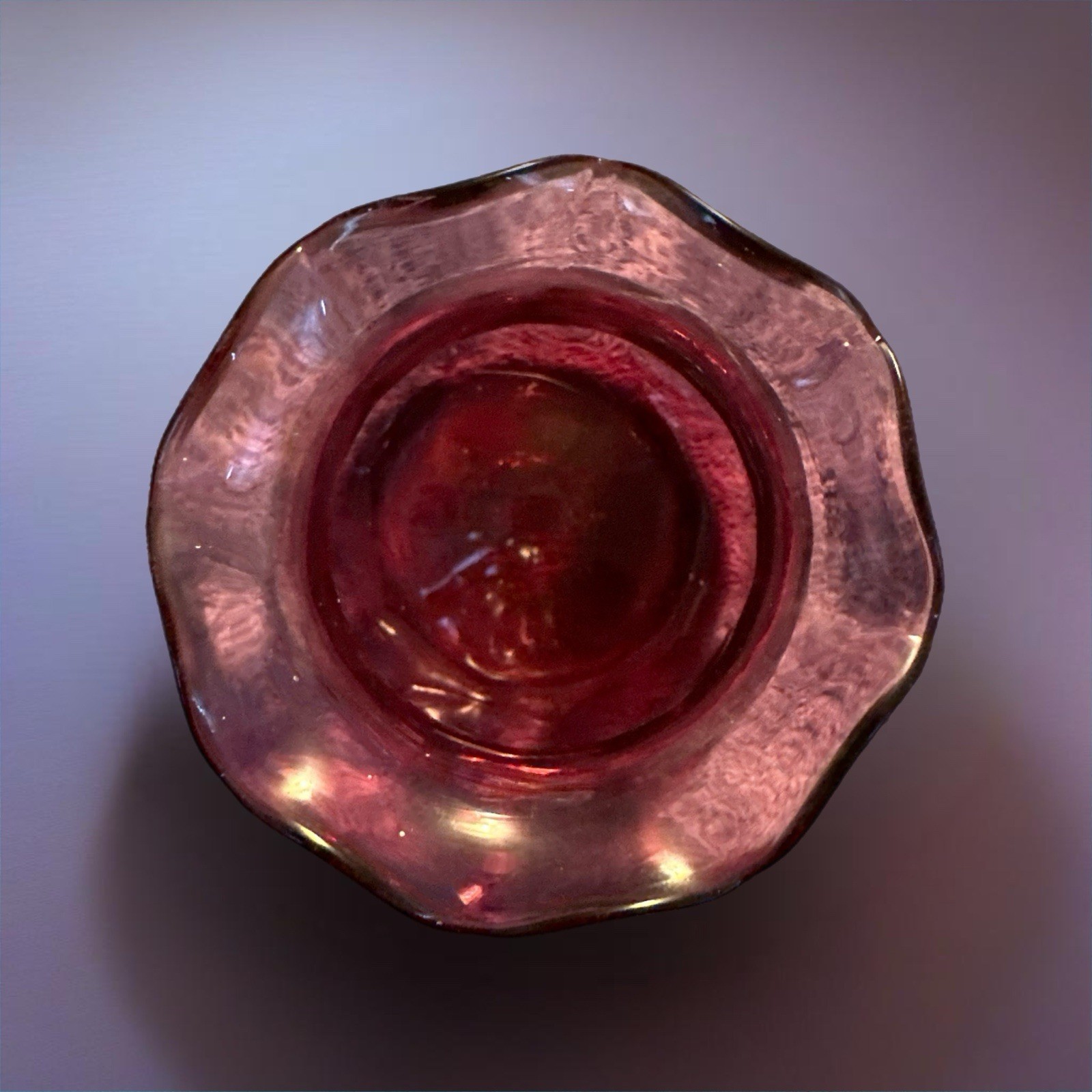 Vtg Hand Blown Cranberry Glass Vase 3 1/2″ Ruffled Top; 2.5” Diameter
