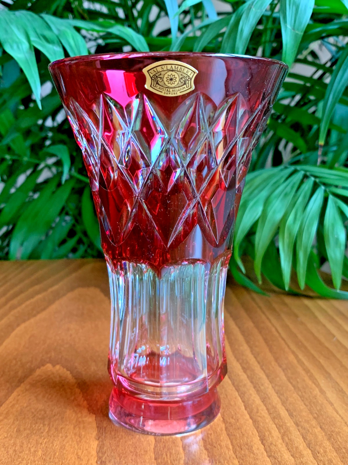 Val St Lambert Ruby Red Cut to Clear Crystal Glass Vase Belgium Depose Signed 6″
