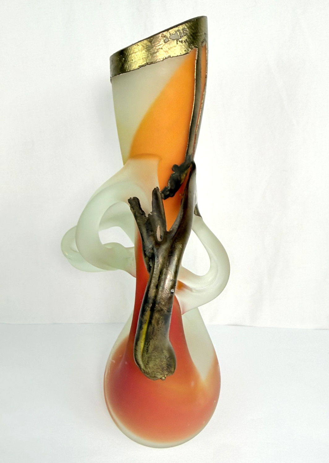 Art Glass Vase Studio Signed Fused Bronze Orange Frosted Vasile Vardan Style VTG