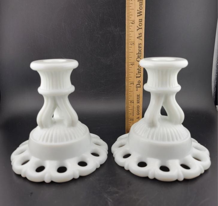 Vintage Westmoreland Milk Glass Doric Lace Candle Stick Holders White-Pair