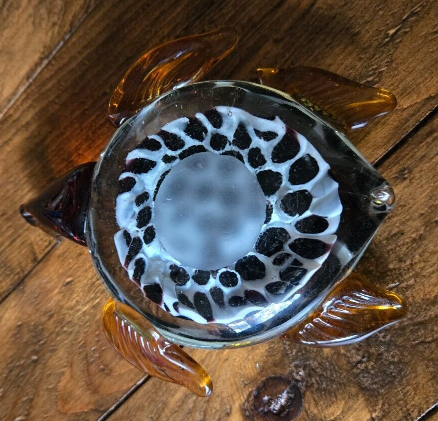 Glass Sea Turtle Paperweight Hand Blown Amber and White with Spots