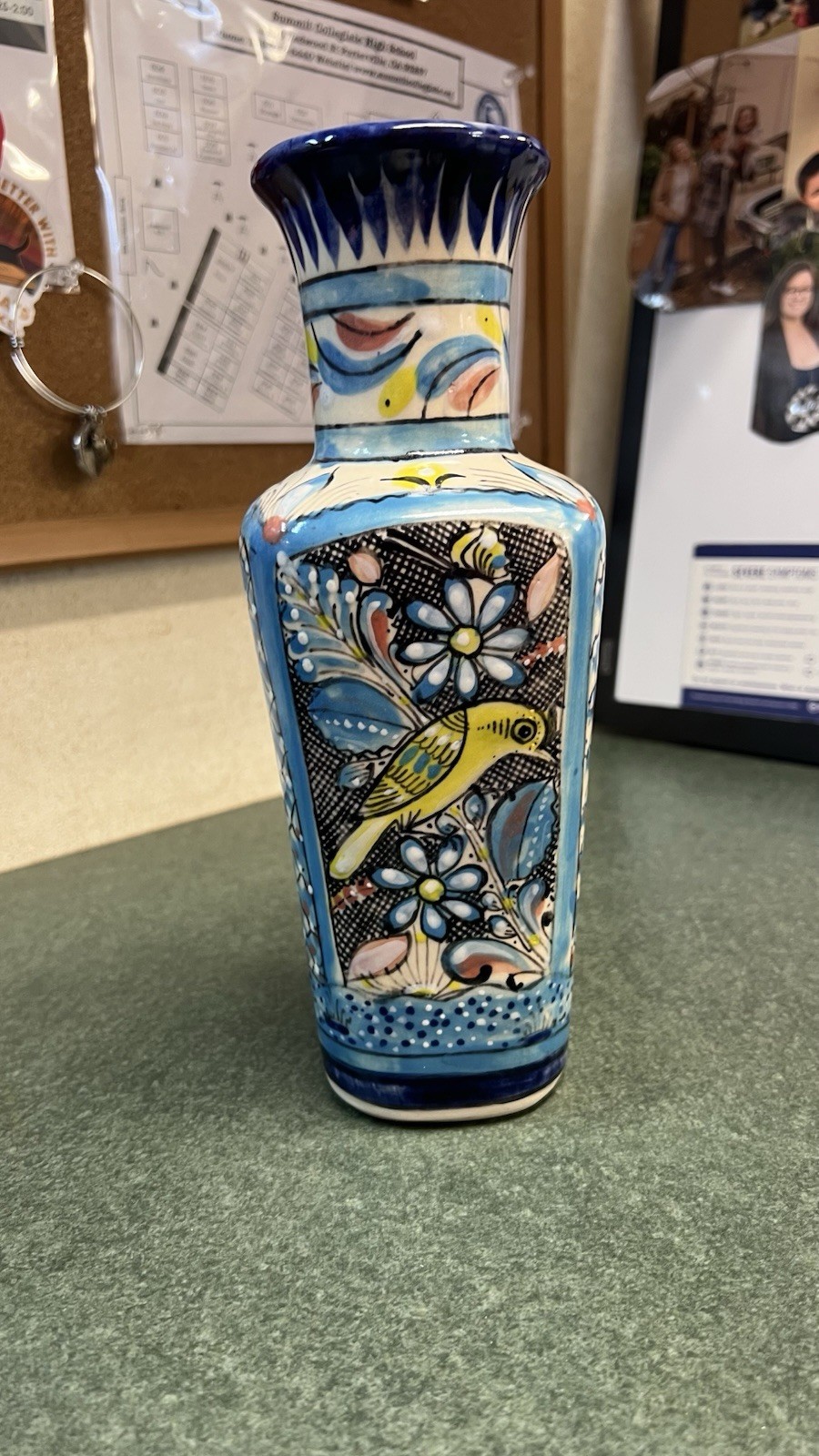 10” ceramic Vase- Blues/yellows Birds&Floral Signed Home Decor