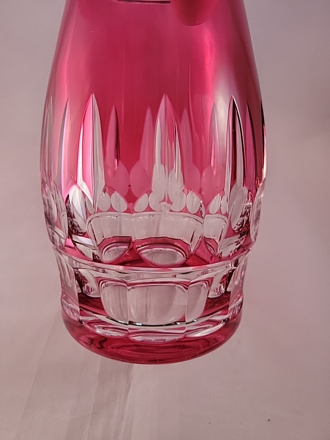 VAL ST LAMBERT RUBY RED Rose CUT TO CLEAR VASE DIAMOND POINT SIGNED 6×4″ Vtg