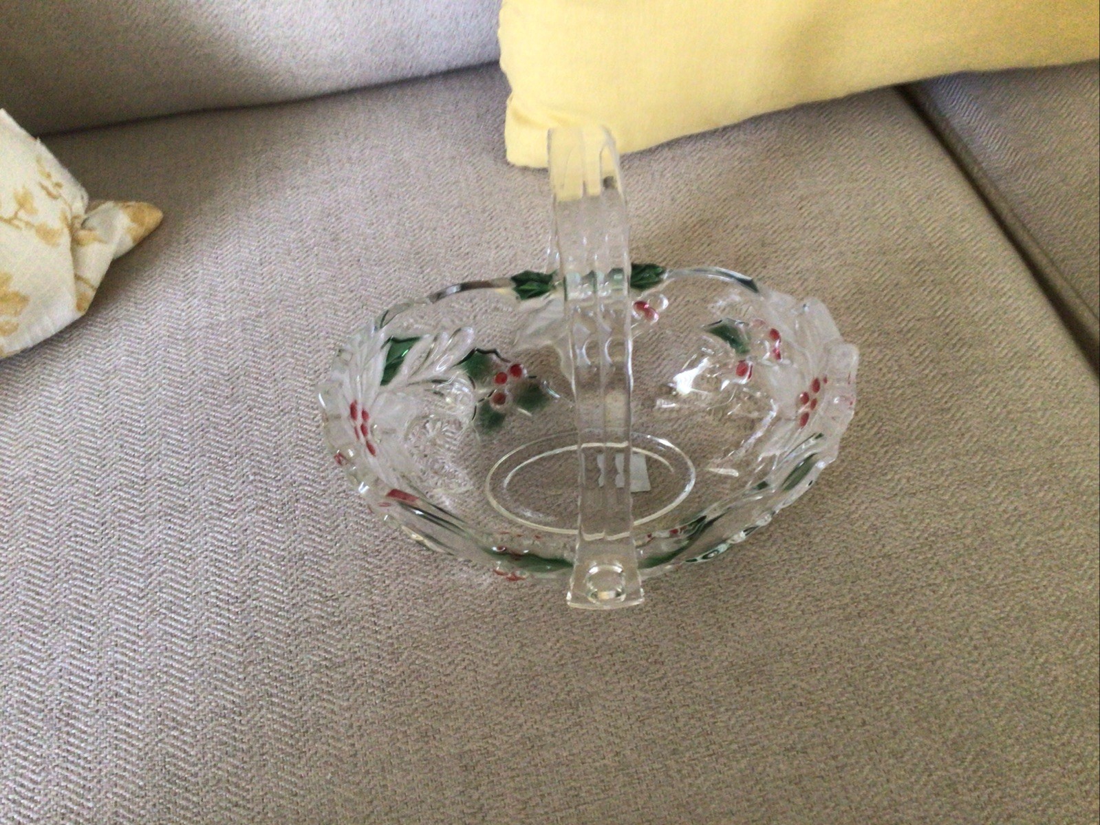 Celebrations by Mikasa Merry Holly Handled Glass Basket 8” Red Green Clear