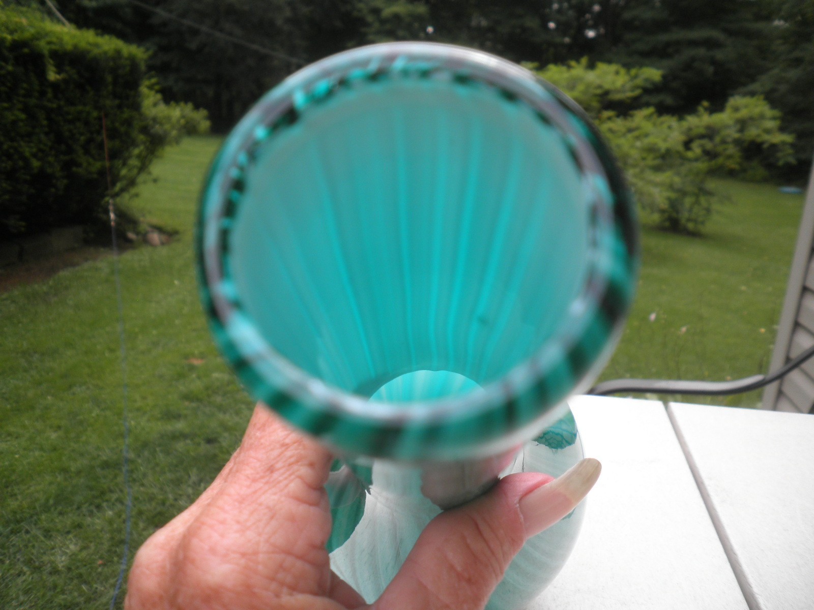 Vintage 16″ Tall Teal Blue & Green Swirled Art Glass Vase– Excellent Condition