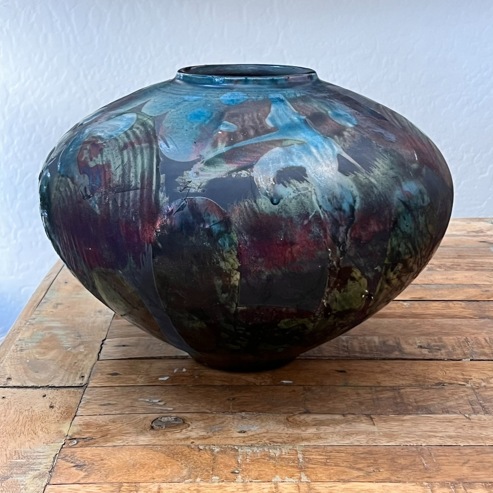 Vintage Globe Abstract Vase Metallic Raku Handcrafted 11″ Artist Signed