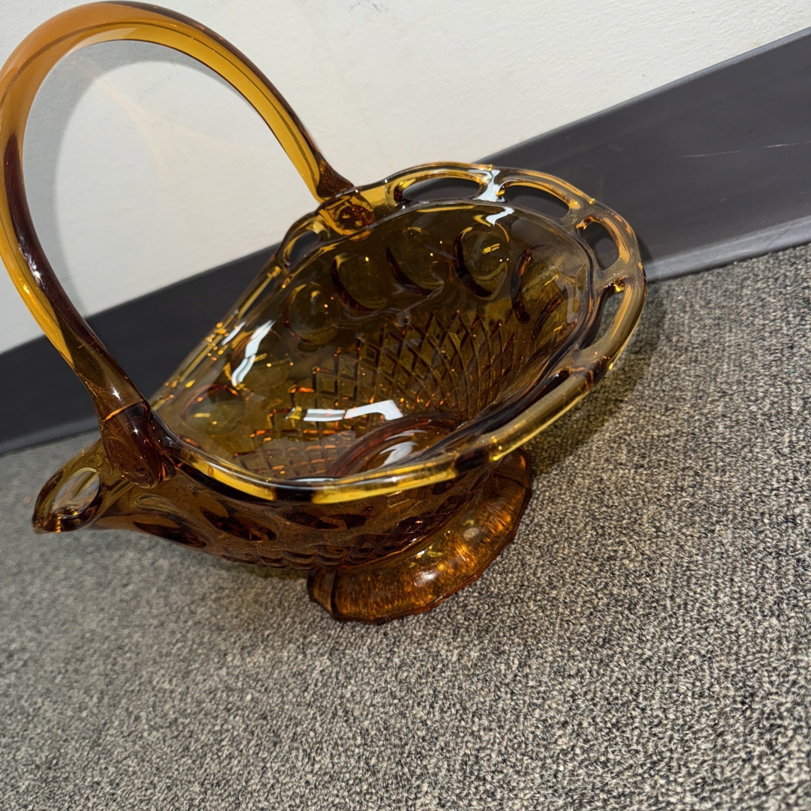 Vintage Pitman Dreitzer Colony Large Open Lave Edge Amber Glass Basket Handle