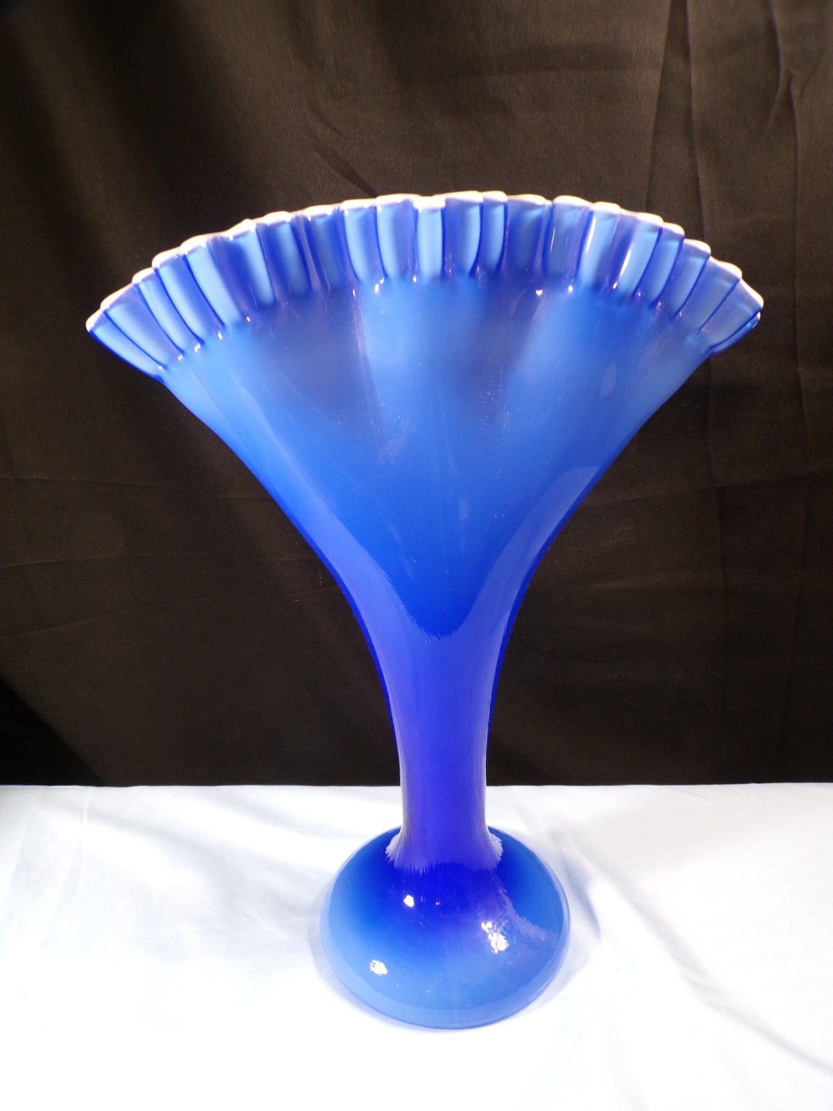 Large Fenton Opaque Blue Overlay Cased Glass Fan Vase 12 1/2″ Tall
