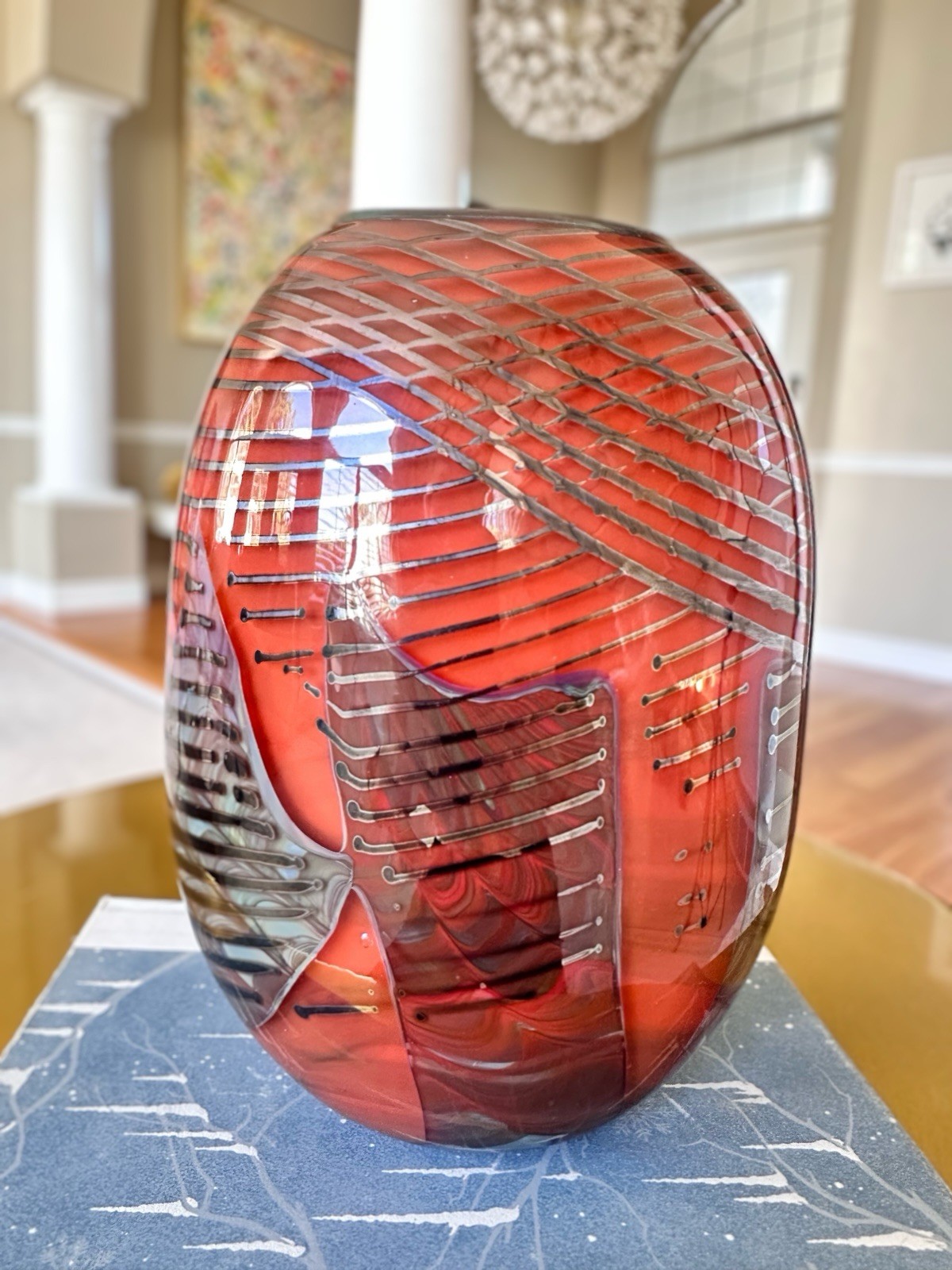 Kyle Gribskov Orange Blue Grey Iridescent Striped Signed Art Glass Vase 7” Tall