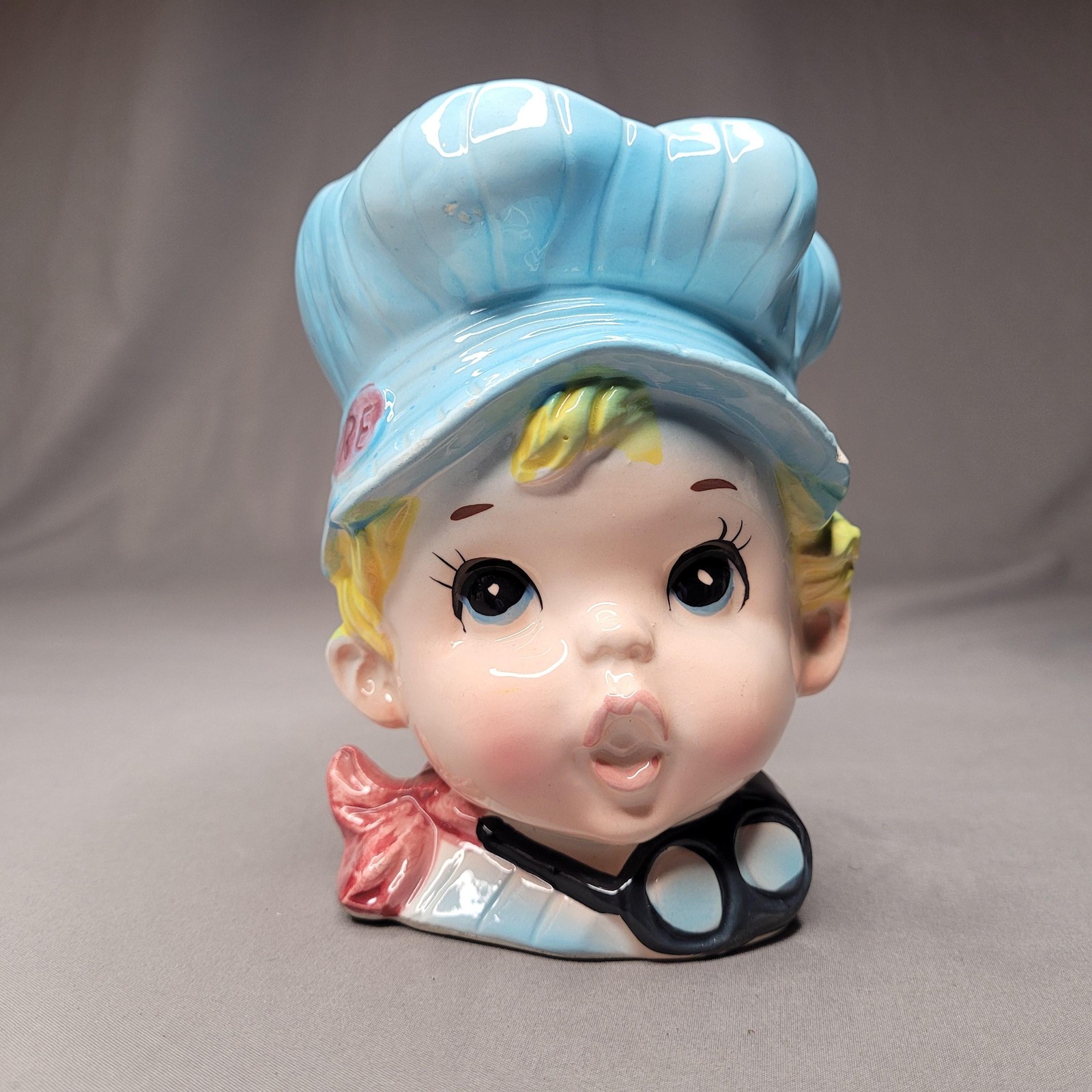 Vintage E.O. Brody Boy Head Vase Planter Blue Hat Train Engineer Japan Ceramic